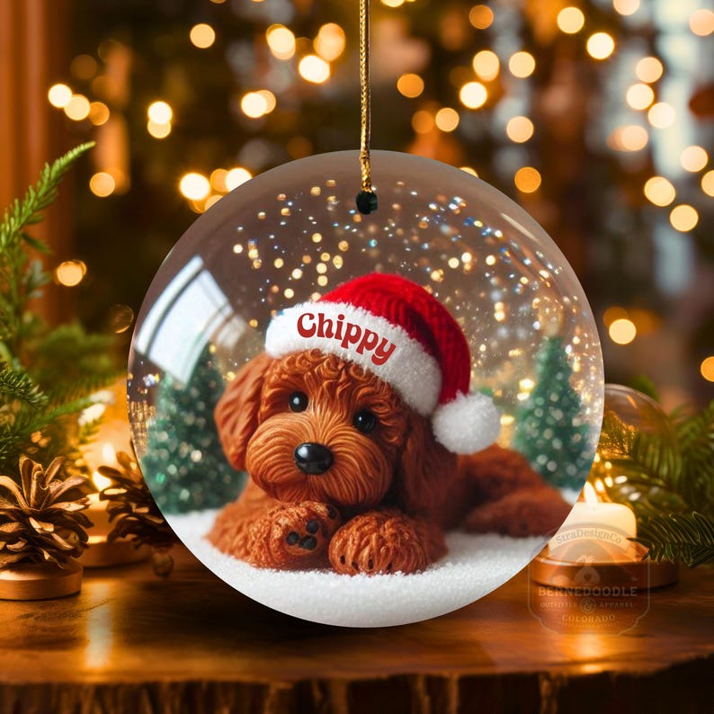 Red Goldendoodle dog Ceramic Ornament that appears like a snowglobe.