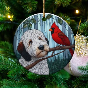 Cardinal and Goldendoodle Ceramic Ornament, Oil Paint Style Design, Cardinal Lovers Gift, Mothers Day, Bird Lover, Red Cardinal and Dog Gift