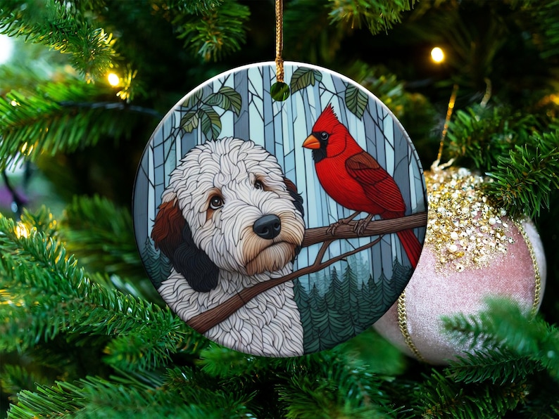 Cardinal and Goldendoodle Ceramic Ornament, Oil Paint Style Design, Cardinal Lovers Gift, Mothers Day, Bird Lover, Red Cardinal and Dog Gift