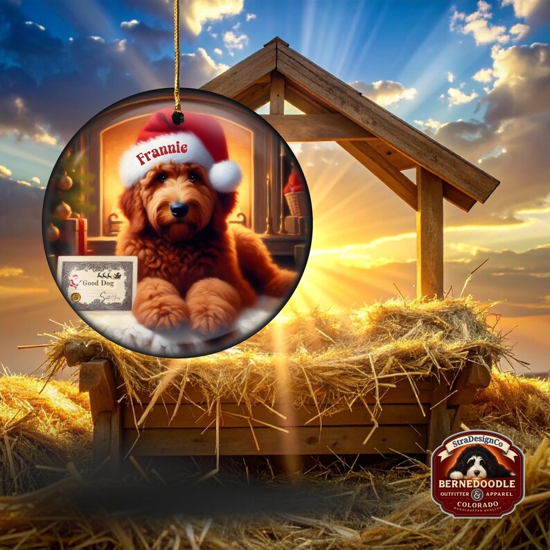 Pu&ograve; includere: Un ornamento natalizio rotondo con un cane marrone che indossa un cappello da Babbo Natale con il nome "Frannie". L'ornamento &egrave; ambientato in una scena di camino. Un piccolo cartello recita "Good Dog". Lo sfondo include una struttura in legno e fieno.