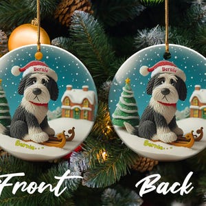 Festive Dog On, Bernedoodle Sledding Ornament | Ceramic Sublimation | 3 Inch Snow Globe Style Bild 4