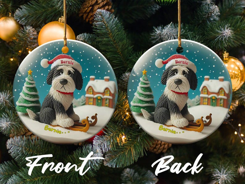 Festive Dog On, Bernedoodle Sledding Ornament | Ceramic Sublimation | 3 Inch Snow Globe Style Bild 4