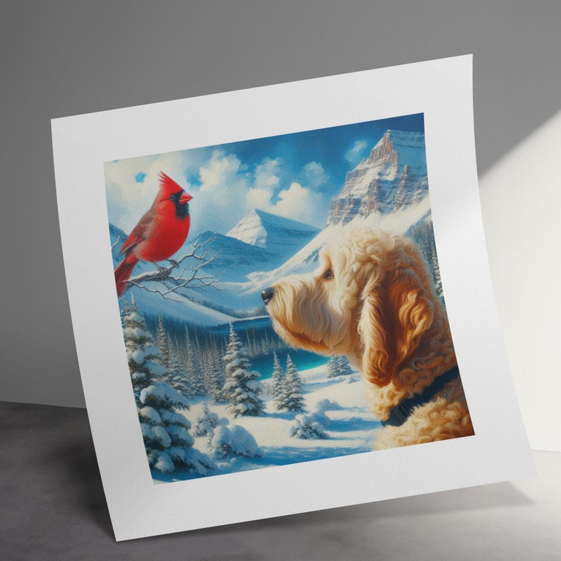 Goldendoodle Dog and Cardinal Art, Choose Canvas or Poster, Dogs and Red Cardinal, white Goldendoodle, Pet Person Gift, Doodle Mom Dad Gifts