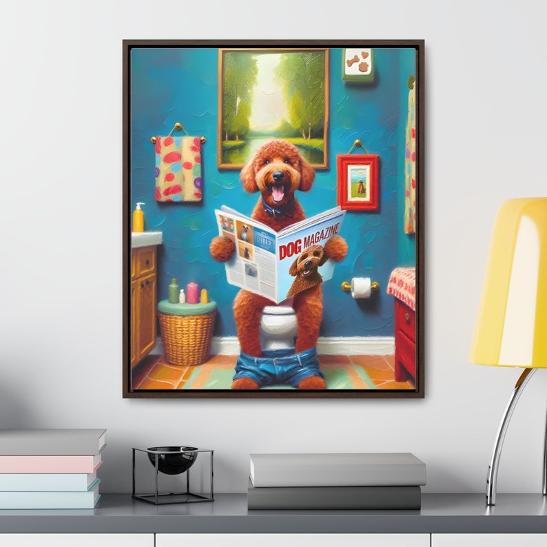 Red Goldendoodle Toilet Portrait Framed Canvas, Doodle On Toilet, Golden Toilet, Wall Art, Goldendoodle Bathroom Wall Art, Dog Persons Gifts image 7