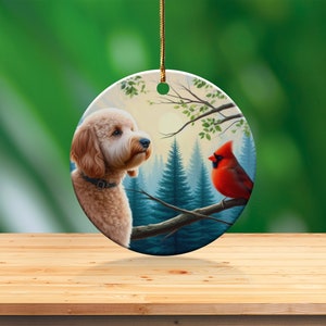 Cardinal and Doodle Dog Ceramic Ornament, Oil Paint Design image 7