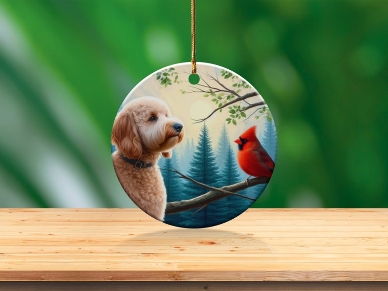 Cardinal and Doodle Dog Ceramic Ornament, Oil Paint Design image 7
