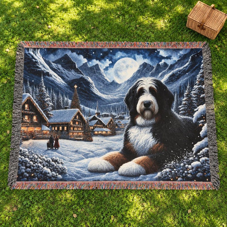 Puede incluir: Una manta tejida que presenta a un perro de monta&ntilde;a de Berna descansando frente a un pueblo invernal nevado. El fondo muestra caba&ntilde;as de madera iluminadas, pinos cubiertos de nieve y monta&ntilde;as bajo una luna llena.