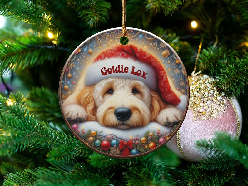 Santa Hat Dog, Goldendoodle Ornament | Sublimation Printed Decor | Personalized Pet Keepsake, Festive Holiday Gift image 1