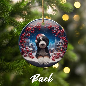 Christmas tree ornament with dog design, holiday decor, festive decoration, winter village scene, personalized ornament gift