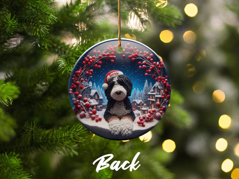 Christmas tree ornament with dog design, holiday decor, festive decoration, winter village scene, personalized ornament gift