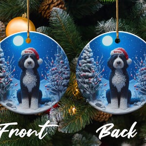 Dog Christmas Ornament, Holiday Tree Decoration, Snowy Winter Scene, Santa Hat Dog, Double-Sided Round Ornament