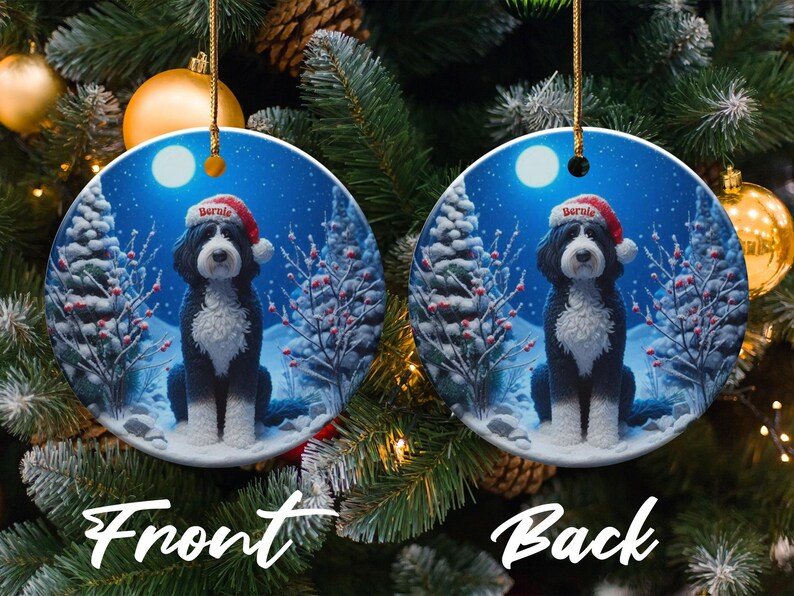 Dog Christmas Ornament, Holiday Tree Decoration, Snowy Winter Scene, Santa Hat Dog, Double-Sided Round Ornament