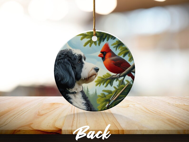 Cardinal and Bernedoodle Dog Ceramic Ornament, Oil Paint Style Design, Cardinal Lovers Gift, Mothers Day, Bird Lovers, Custom Crafted Design