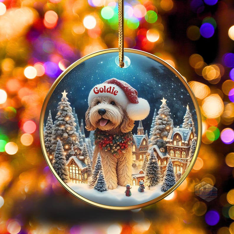 personalized doodle dog ceramic ornament features a charming scene featuring a Goldendoodle Dog nestled inside a festive snow globe scene. The ornament comes personalized with your pup's name. The design is then placed on both sides of the ornament and is finished in a full gloss. This ornament makes a heartwarming addition to your holiday decorations or a thoughtful gift for the dog lover in your life.

* Vibrant and detailed image - Glossy finish
