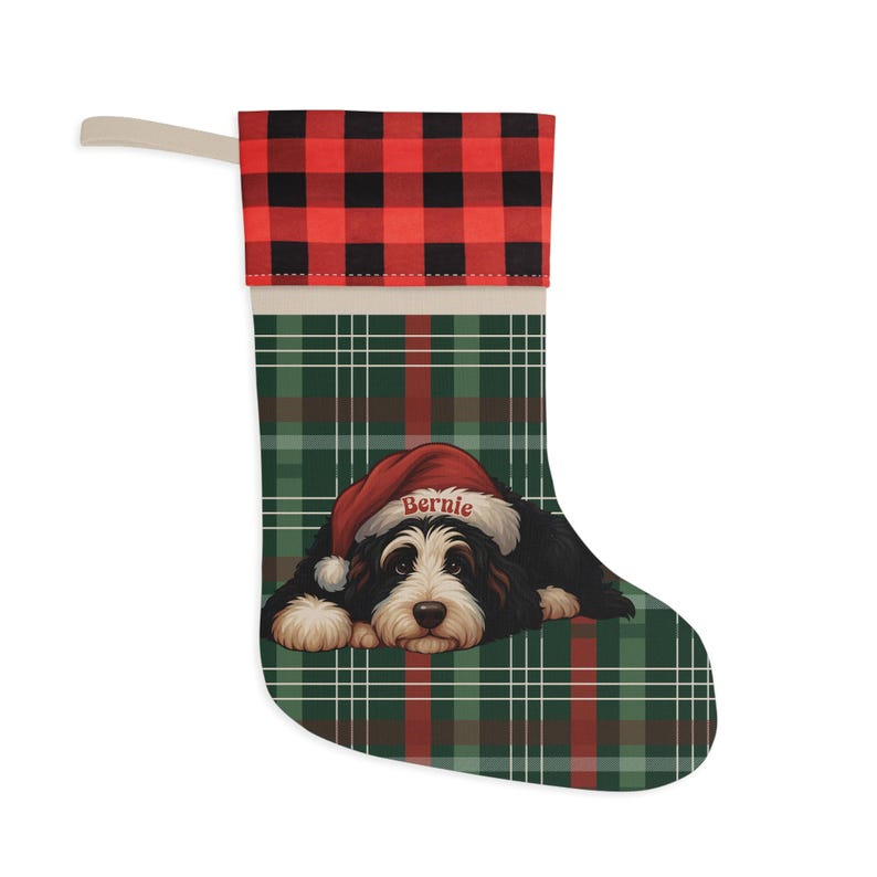 パーソナライズされたバーニーズドゥードルのクリスマスストッキング：ヴィンテージリネン＆チェック柄 画像 6