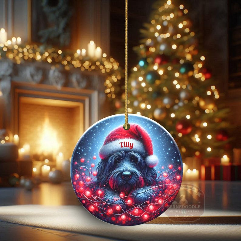 Personalized Black Doodle Ornament, Santa Hat Keepsake - Sublimation Ceramic Dog Gift | Two Sided Decoration | 3 Inch Christmas Keepsake image 1