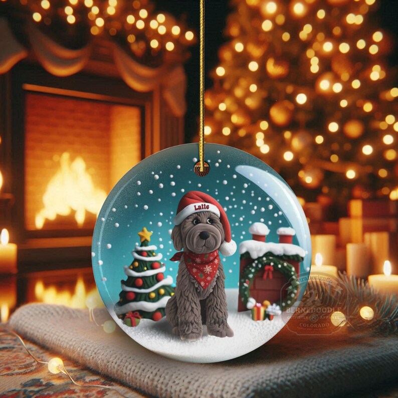 May include: A round Christmas ornament featuring a brown dog wearing a Santa hat and a red bandana. The ornament has a snowy scene with a Christmas tree and a small house. The word "Latte" is on the hat.