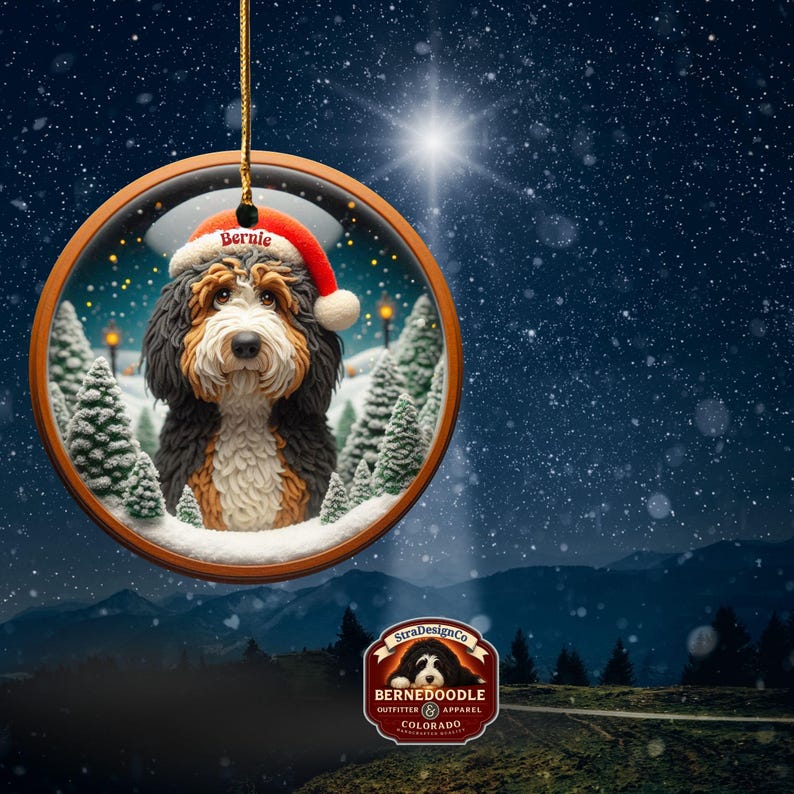 Op de afbeelding: Een ronde kerstversiering met een Bernedoodle-hond met een kerstmuts met de naam "Bernie". De versiering heeft een winterse achtergrond met besneeuwde bomen en een heldere ster. De versiering is omlijst in een houten frame.