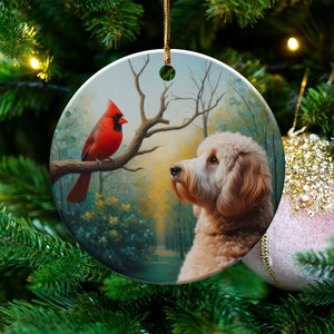 Cardinal and Doodle Dog Ceramic Ornament, Oil Paint Style Design image 3