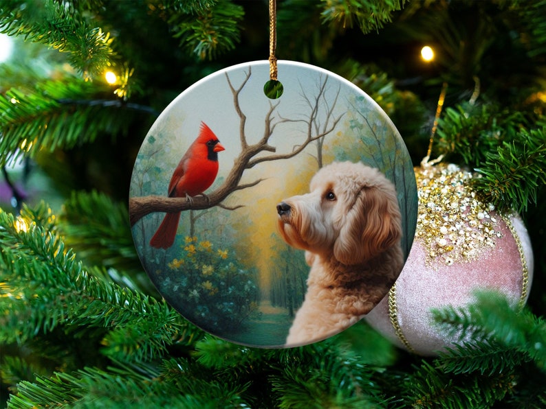 Cardinal and Doodle Dog Ceramic Ornament, Oil Paint Style Design image 3