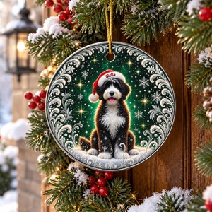 May include: A round ceramic Christmas ornament featuring a black and white Bernedoodle dog wearing a red Santa hat with the name Stella printed on the brim. The background is a dark green gradient with white snowflakes and gold star accents.