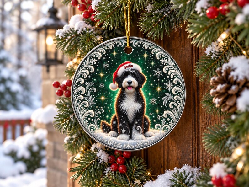 May include: A round ceramic Christmas ornament featuring a black and white Bernedoodle dog wearing a red Santa hat with the name Stella printed on the brim. The background is a dark green gradient with white snowflakes and gold star accents.