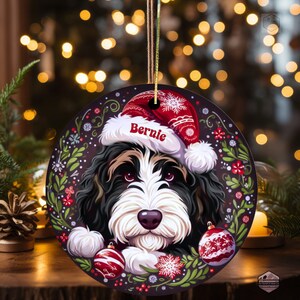 Bernedoodle ornament featuring brown eyebrows and brown highlights