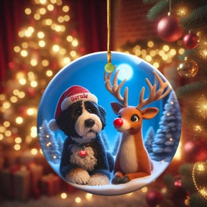 A fluffy Bernedoodle sits beside a gentle reindeer with a glowing red nose in a snowy winter forest. Soft blue and golden holiday lighting highlights the animals as snow falls around them. The Bernedoodle’s expressive face and the reindeer’s warm glow create a peaceful, magical Christmas scene perfect for woodland and dog-themed holiday décor.