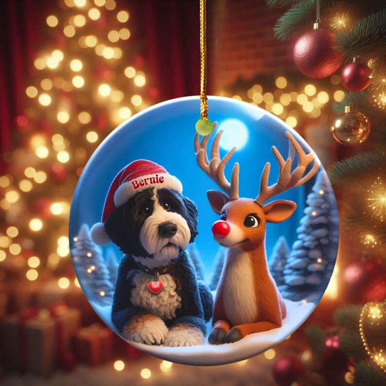 A fluffy Bernedoodle sits beside a gentle reindeer with a glowing red nose in a snowy winter forest. Soft blue and golden holiday lighting highlights the animals as snow falls around them. The Bernedoodle’s expressive face and the reindeer’s warm glow create a peaceful, magical Christmas scene perfect for woodland and dog-themed holiday décor.