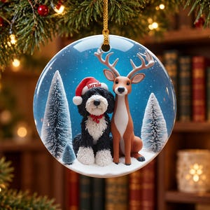 May include: A round ceramic Christmas ornament featuring a black and white dog wearing a red Santa hat with the name Bernie printed on it, sitting next to a brown deer in a snowy forest scene with pine trees against a blue background.