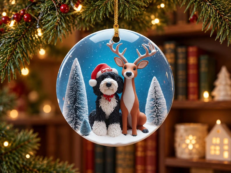 May include: A round ceramic Christmas ornament featuring a black and white dog wearing a red Santa hat with the name Bernie printed on it, sitting next to a brown deer in a snowy forest scene with pine trees against a blue background.