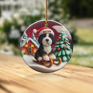 Custom Dog Ornament, Bernedoodle Sledding Keepsake | Sublimation Ceramic | 3 Inch Festive Decor, Santa Hat Doodle Gift image 6