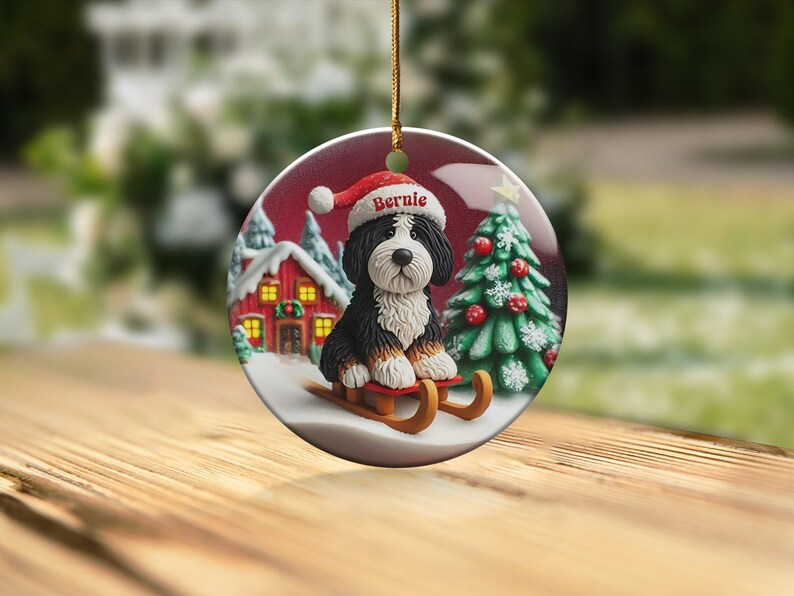 Custom Dog Ornament, Bernedoodle Sledding Keepsake | Sublimation Ceramic | 3 Inch Festive Decor, Santa Hat Doodle Gift image 6