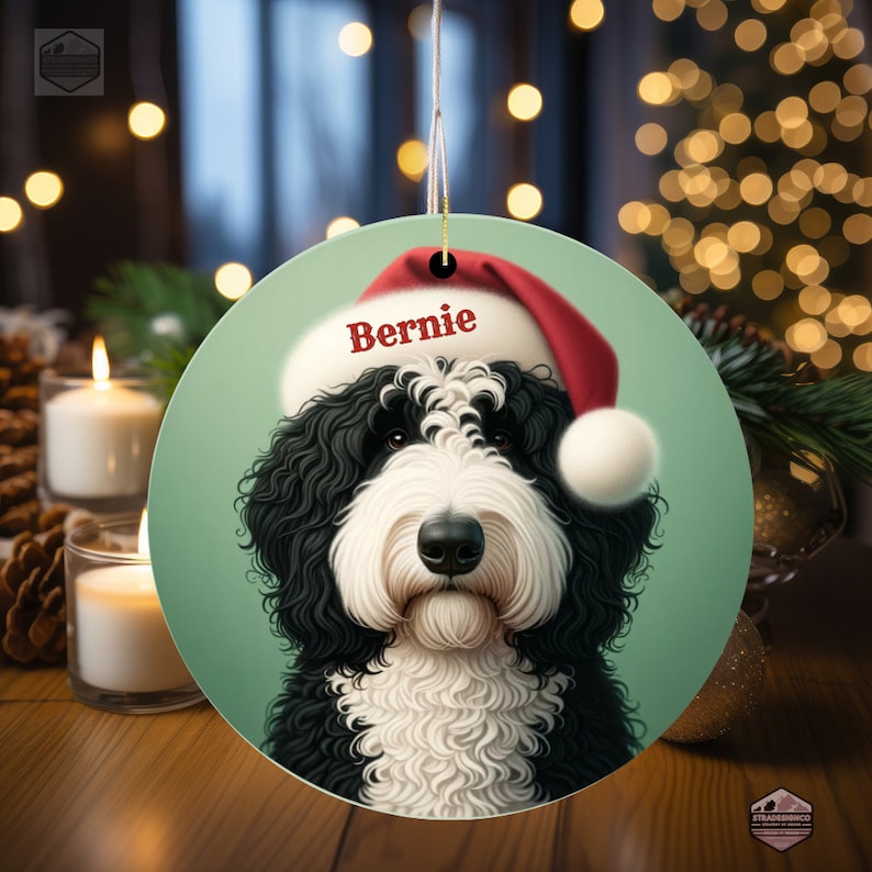Festive Bernedoodle Holiday Ornament with Santa Hat - Personalize for Christmas
