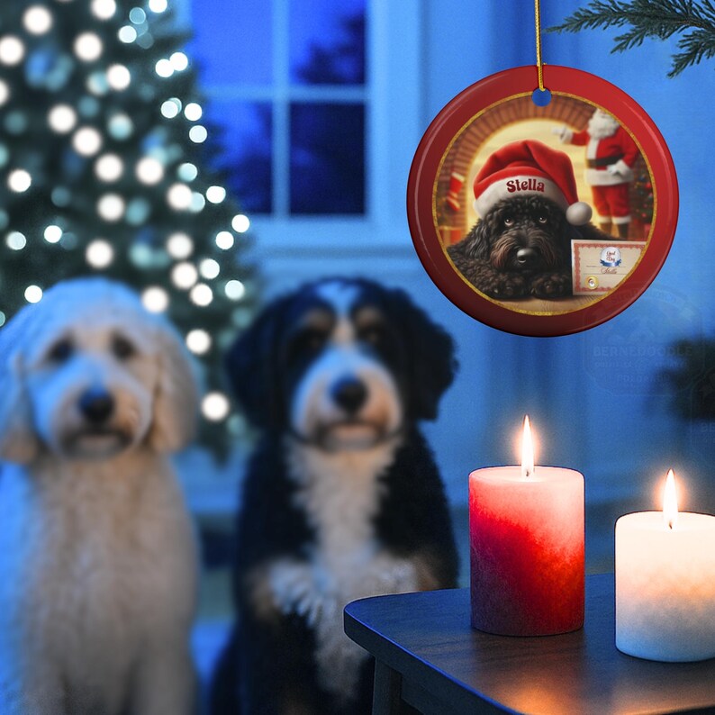 This ceramic ornament features a cute black goldendoodle (or Labradoodle)...Or black bernedoodle dog wearing a Santa hat and being on their best behavior for Santa, surrounded by holiday decorations.  Three inch ceramic dog ornament with a black bernedoodle black golden doodle black goldendoodle dog wearing a santa hat on this cute dog ornament gift.  Perfect ornament for a dog person, dog lover, doodle mom or doodle dad.