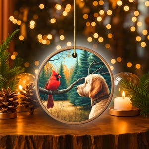 Ornamento de cerâmica com cardeal e cachorro Goldendoodle, estilo pintura a óleo. imagem 5