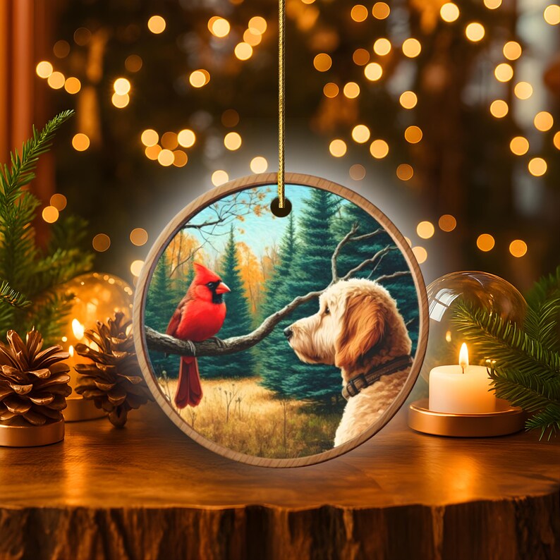 Ornamento de cerâmica com cardeal e cachorro Goldendoodle, estilo pintura a óleo. imagem 5