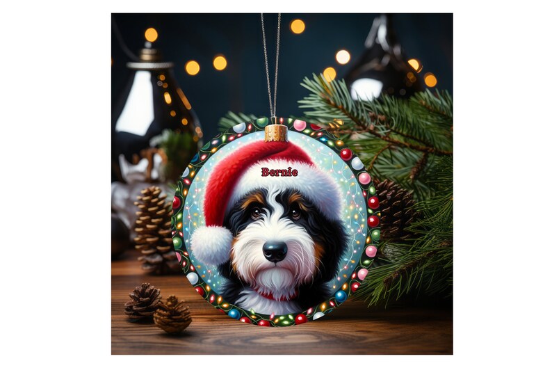 Sweet bernedoodle on his first Christmas with his personalized Santa hat on!