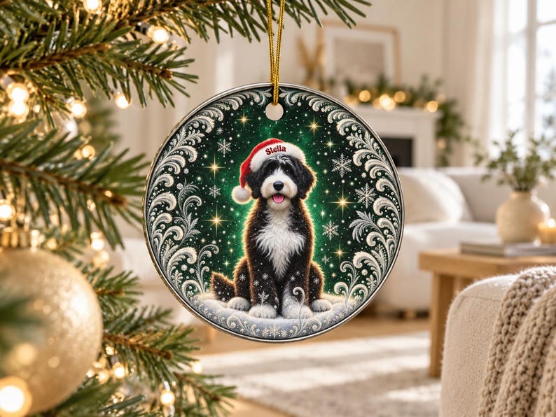 May include: A round ceramic Christmas ornament featuring a black and white Bernedoodle dog wearing a red Santa hat with the name Stella printed on it. The dog sits against a dark green background with white snowflakes and silver filigree.