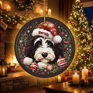 Ceramic Pet Ornament, Custom Dog Name Bernedoodle Keepsake | Sublimation Christmas Decor | 2.76 Inch Round