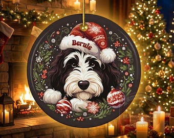 Ceramic Pet Ornament, Custom Dog Name Bernedoodle Keepsake | Sublimation Christmas Decor | 2.76 Inch Round
