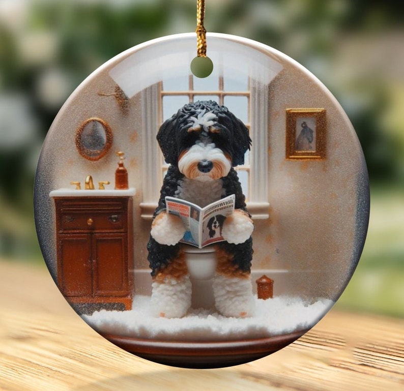 Funny Doodle Dog Toilet Scene Ceramic Ornament, Dog Bathroom Art, Pup Restroom Gifts, Bernedoodle reading a Magazine, Trendy Dog Person Gift