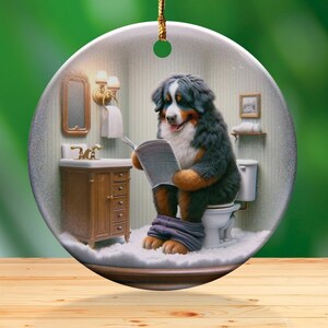 Bernese Mountain Dog Sitting on Toilet Scene Ceramic Ornament, Dog Bathroom Art, Pup Restroom Gifts, Dog Reading a Magazine, Trendy Dog Gift