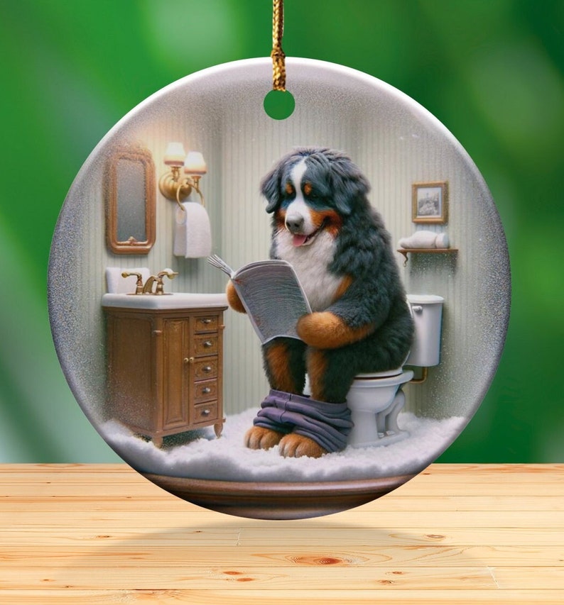Bernese Mountain Dog Sitting on Toilet Scene Ceramic Ornament, Dog Bathroom Art, Pup Restroom Gifts, Dog Reading a Magazine, Trendy Dog Gift