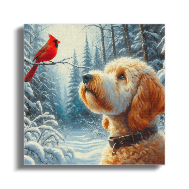Bernedoodle- und Kardinal-Winter-Leinwandbild, Geschenk für Hundeliebhaber Bild 3