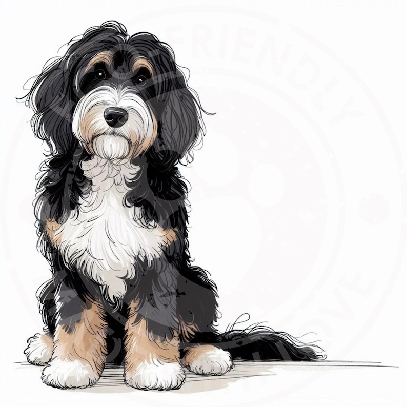 May include: A digital illustration of a Bernedoodle dog sitting, facing forward. The dog has black, white, and tan fur. The dog's fur is long and wavy. The background is white.