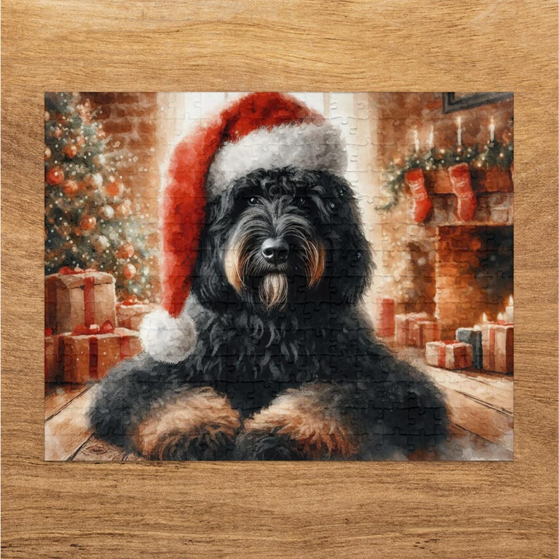 Black Bernedoodle or Goldendoodle Dog Puzzle, Festive Dog With Santa Hat, Holiday Jigsaw Puzzle, Cute Christmas Gifts, Cozy Fireplace Scene image 2