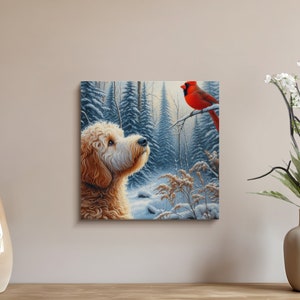 Cuadro decorativo sobre lienzo con escena invernal del cardenal Bernedoodle imagen 6