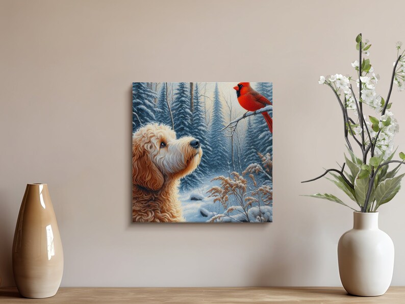 Cuadro decorativo sobre lienzo con escena invernal del cardenal Bernedoodle imagen 6
