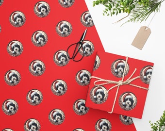 Festive Bernedoodle Wrapping Paper: Red Holiday Design